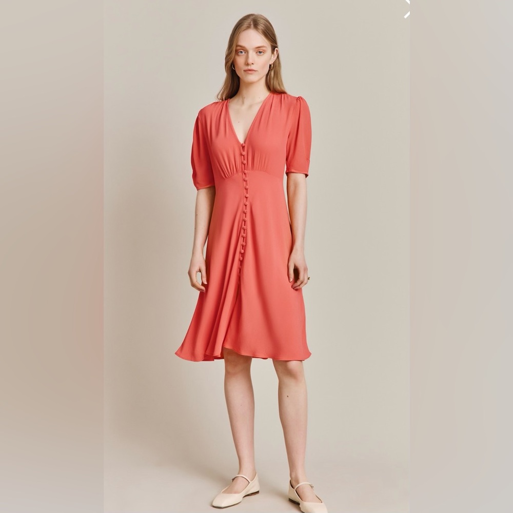 GHOST LONDON MIA CORAL KNEE LENGTH CREPE DRESS PINK